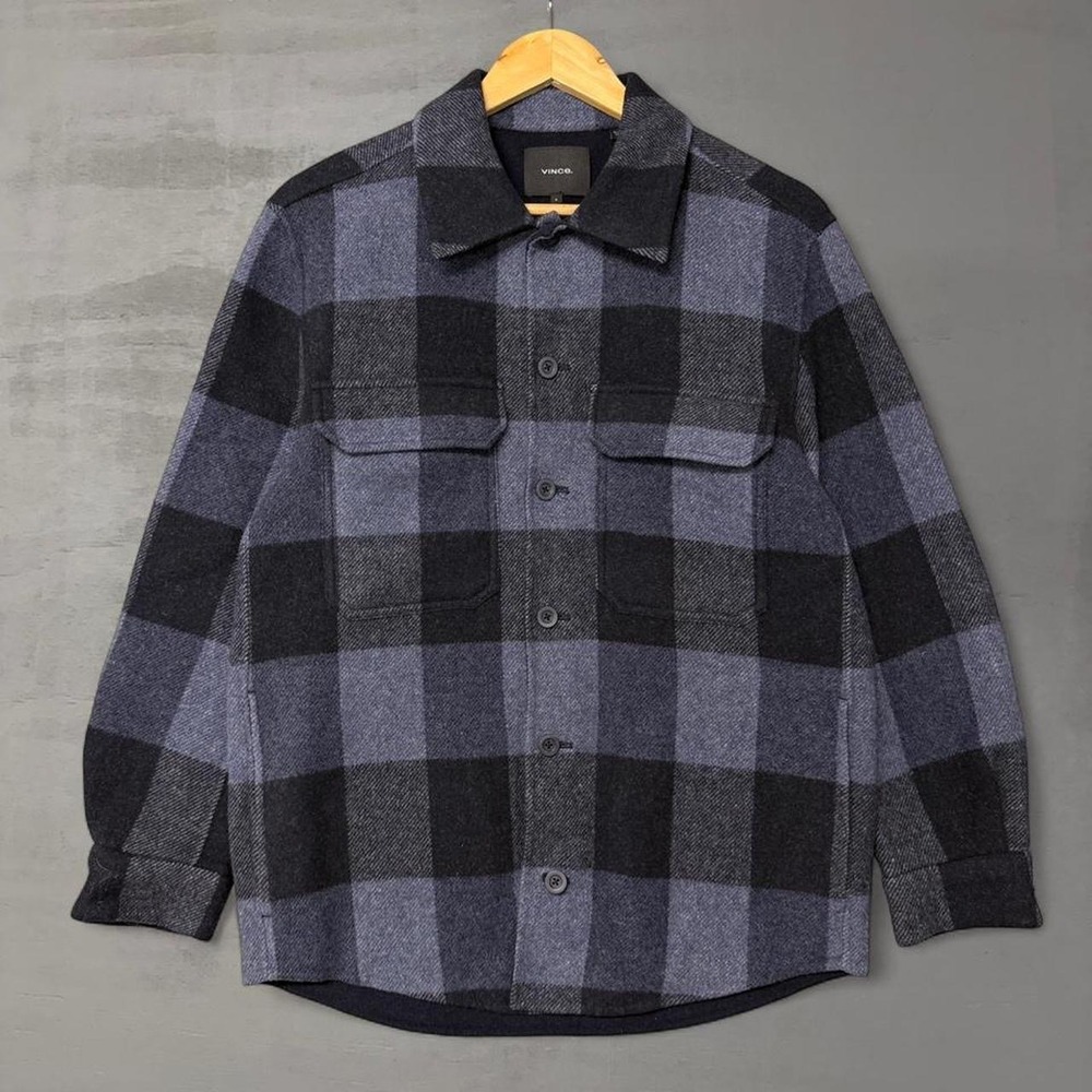 Vince Splittable Shirt Jacket Navy Grey‎ Buffalo Plaid Wool Blend Italian Small